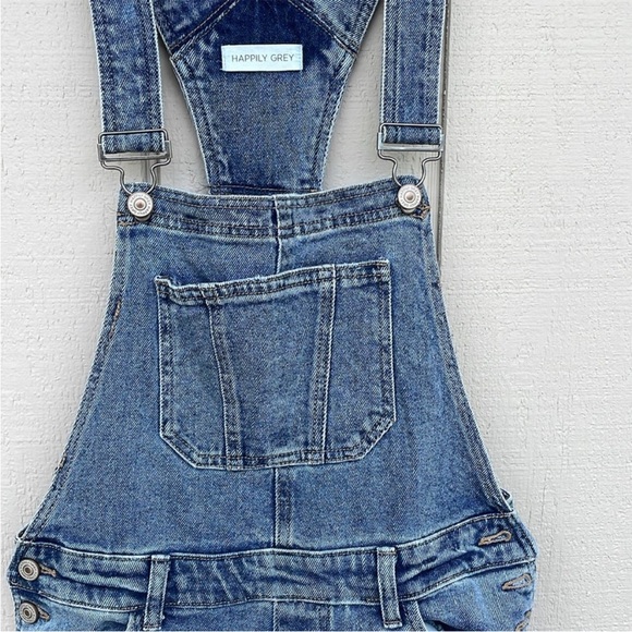 Happily Grey Overalls Button Sides Raw Hem Flare Legs Jean Overalls Denim - Picture 2 of 8
